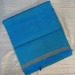 Silk Cotton Blue Saree with Subtle Golden Line Pattern