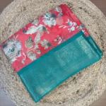 Elegant Coral Banarasi Saree with Rich Emerald Zari Work