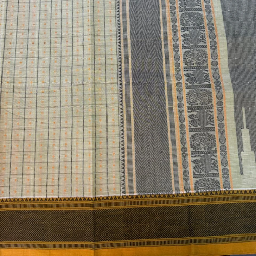 Elegant Kanchi Cotton Checked Saree in Off White and Mustard Brown - Image 3