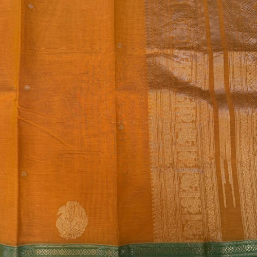 Kanchi Cotton Orange with Green saree - Image 3
