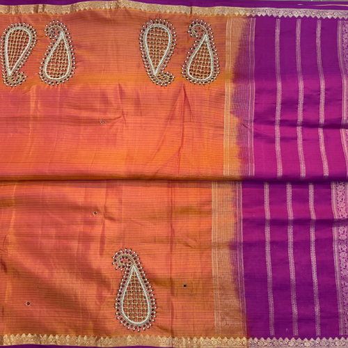 Pure kanchi soft silk with intricate hand cutwork embroidery with stone embellishment - Image 3