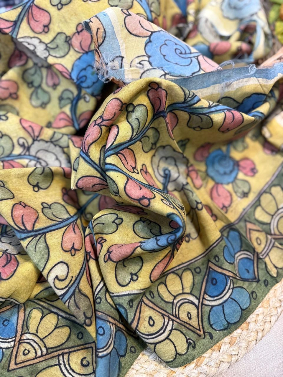 Yellow Heritage Kalamkari Blossom Blouse 1 mtr (long panna saree width) - Image 2