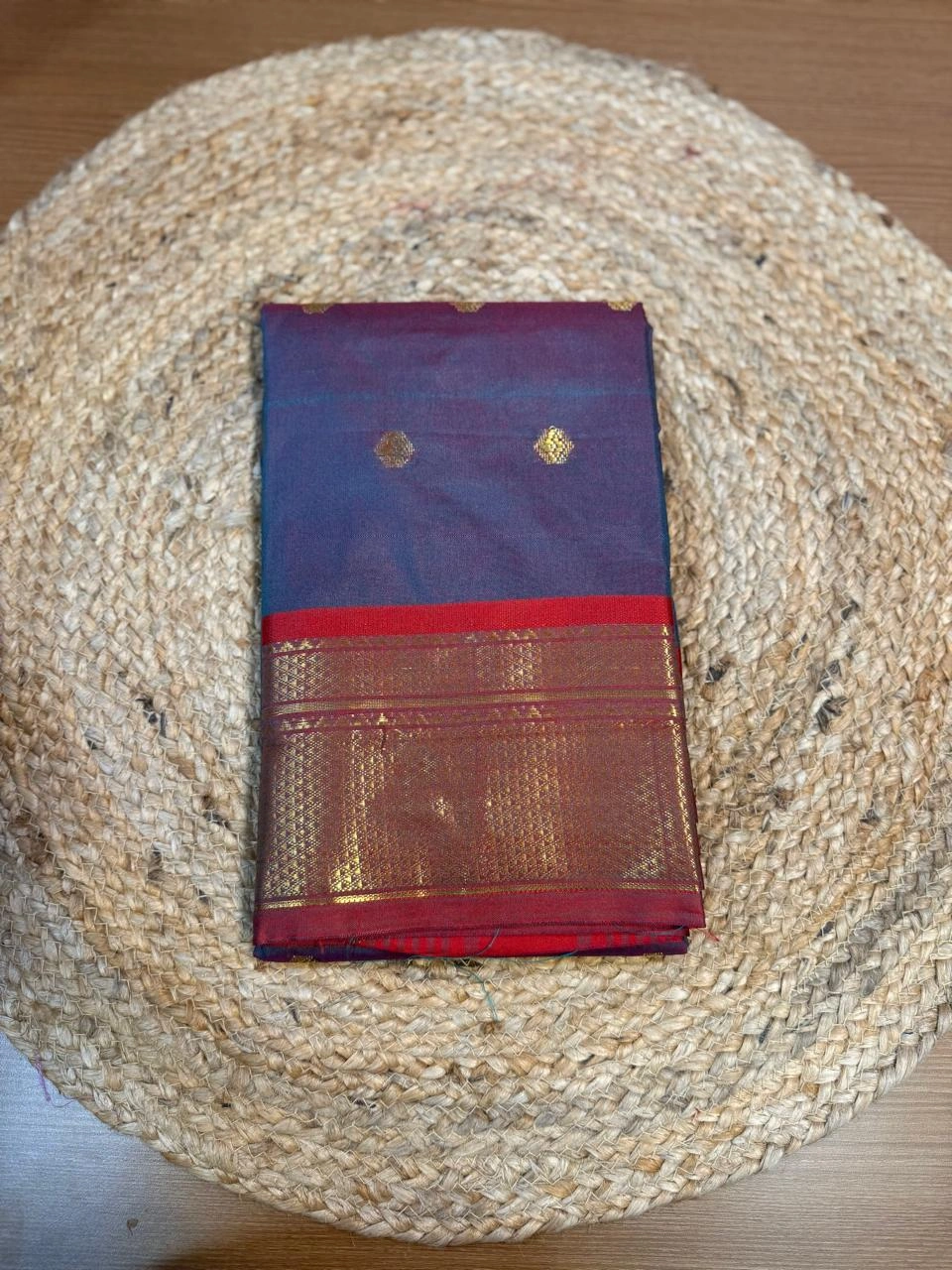 Midnight Blue Silk Saree with Crimson Zari Border